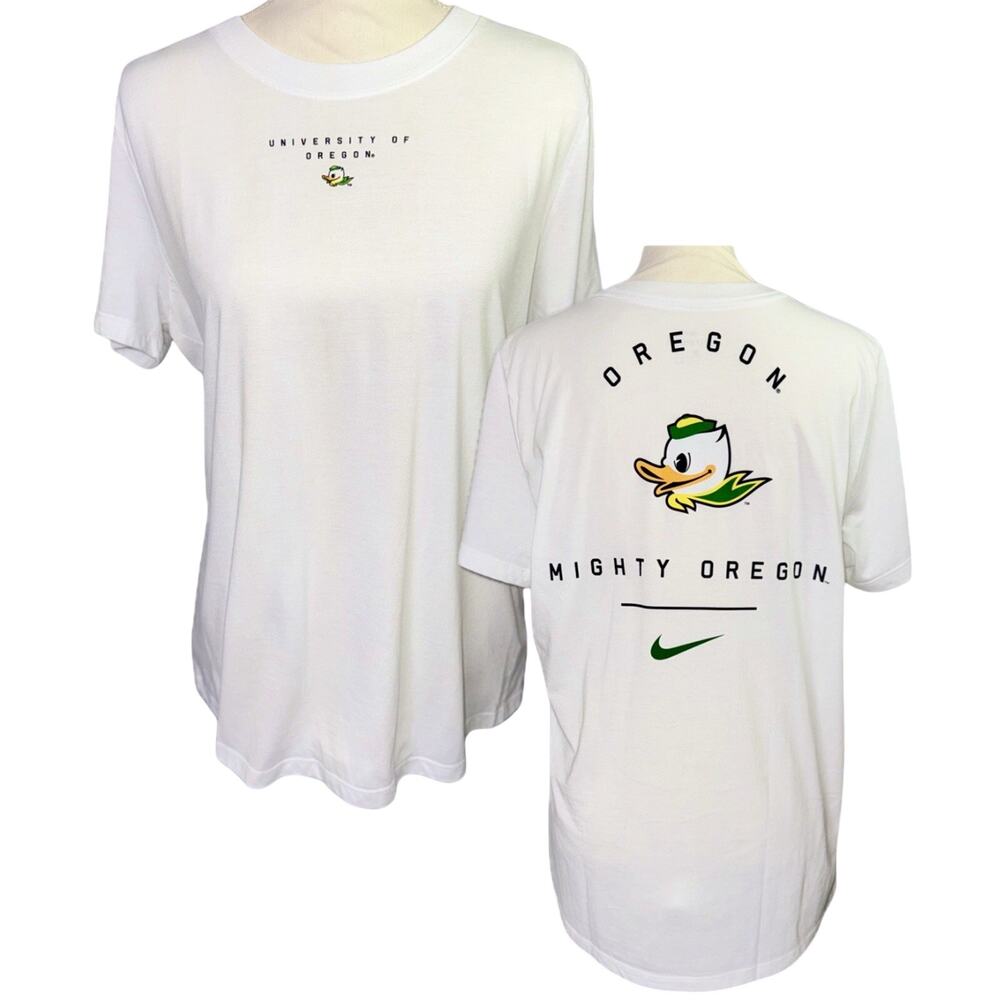 Nike Tee Mighty University Oregon Ducks Women XL White Double Side Puddles Shirt